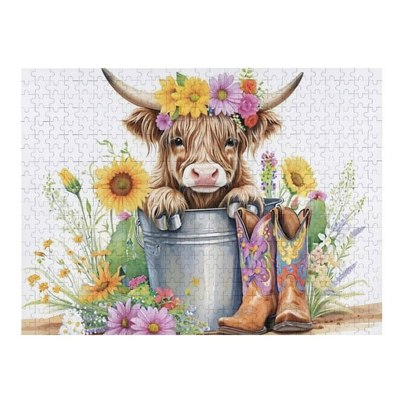 Jigsaw Puzzles - Highland Cow with A Floral Crown, Surrounded by Flowers, A Bucket And Cowboy Boots500 PCS，Challenging Puzzle Perfect for Game Nights