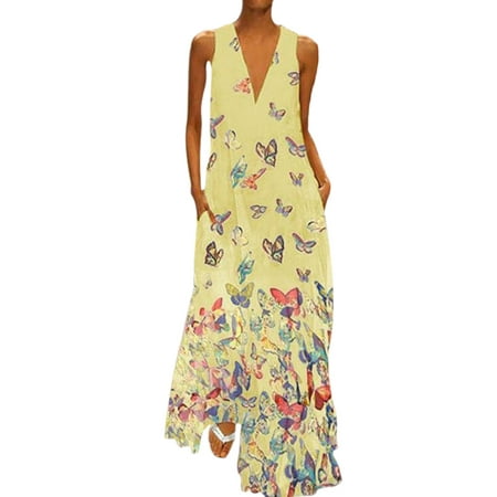 

Elite99 Women Sleeveless Loose V Neck Maxi Dress Boho Floral Printed Long Dresses With Pockets Ladies Summer Beach Sundress