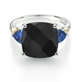 thumbnail image 2 of Gem Stone King 925 Silver and 10K Yellow Black Onyx and Blue Created Sapphire and Diamond Ring for Women (6.59 Cttw, 12MM Cushion and 5mm Trillion) (Size 6), 2 of 3