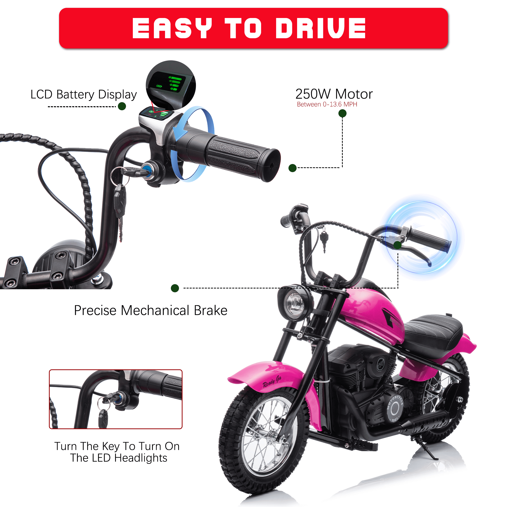 JoyWheels 24V Electric Dirt Bike, 250W Ride on Toy Motorcycle for kids,14mph, Age 13+,Pink
