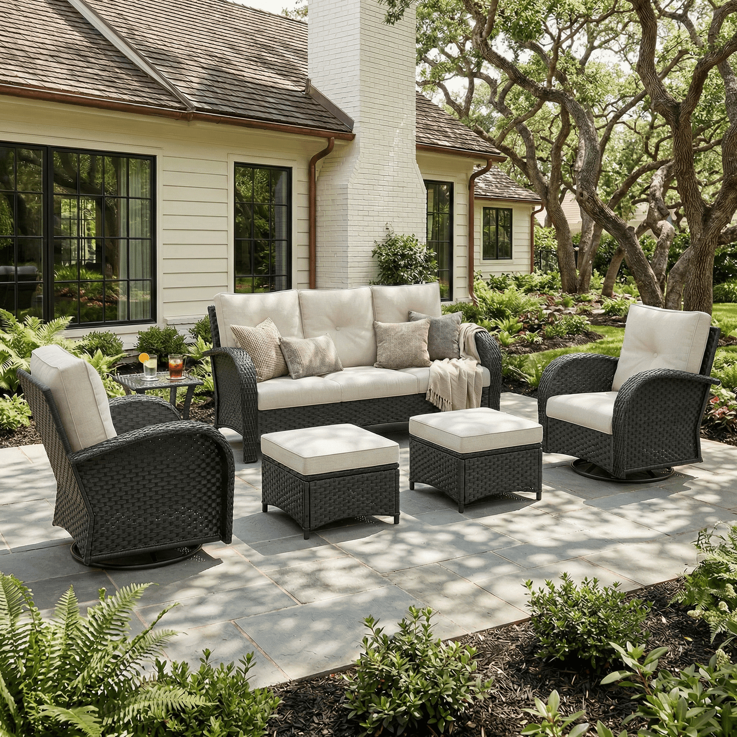 LayinSun 6 Pieces Patio Outdoor Conversation Set, Wicker Furniture Set with Swivel Chairs and Ottomans 7-Seat