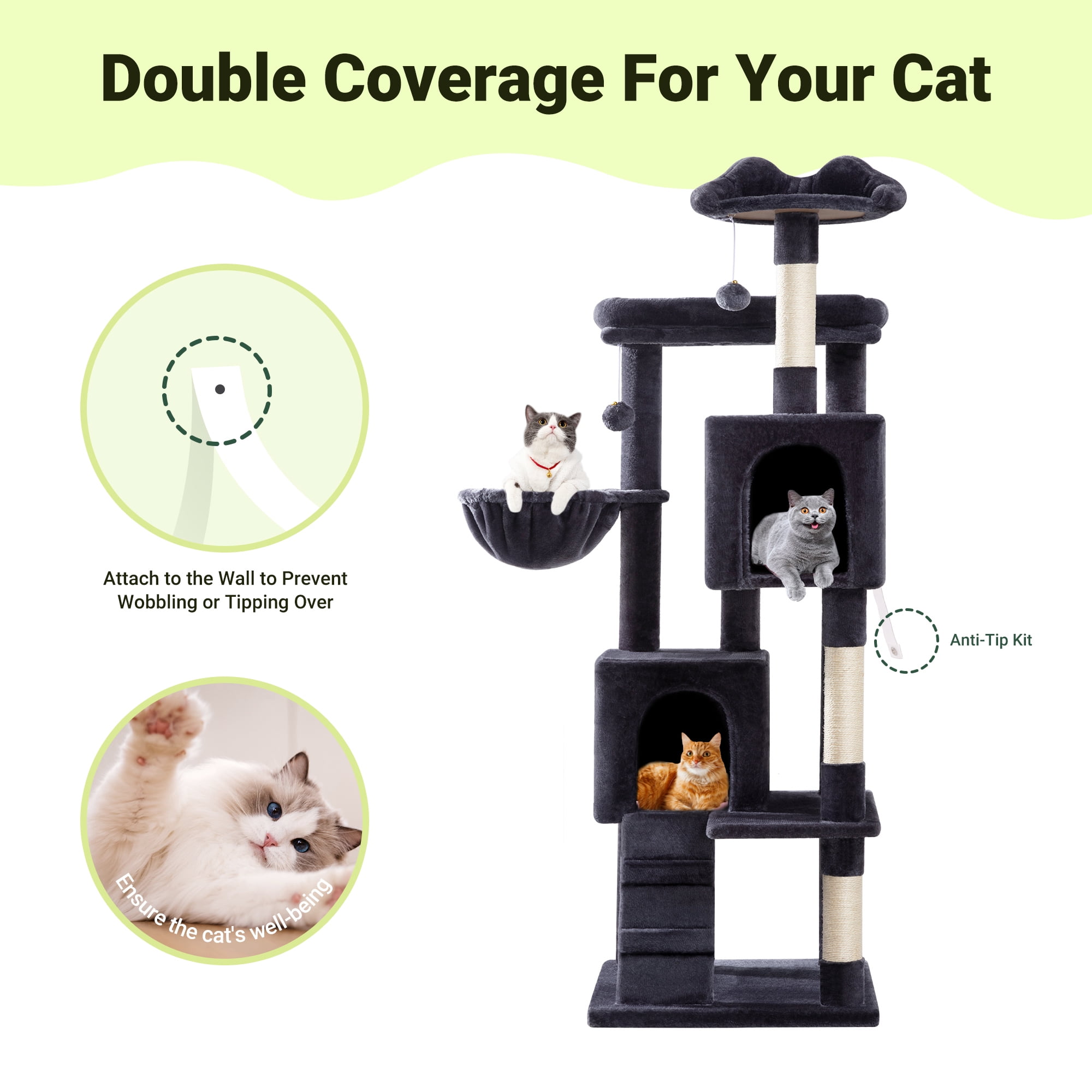 Allewie 64 Inches Cat Tree Tower, Multi-Level Activity Center for Indoor Big Felines, 2 Plush Condos, 2 Perchs, Basket, House, Sisal Scratching Posts, Hanging Cat Toys, Dark Grey