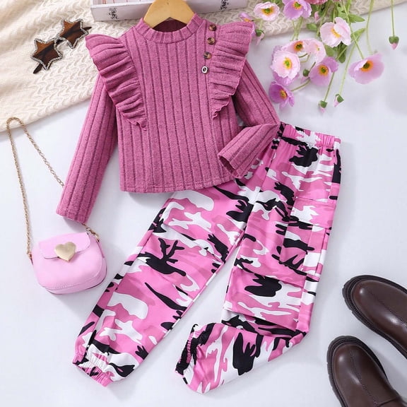 Letdown Tween Girls Clothes Ribbed Knit Long Sleeve Shirt Top   Baggy Camo Cargo Pants 2 PCS Tracksuits Spring Fall Sweatsuits Sets (Hot Pink,3-4 Years)
