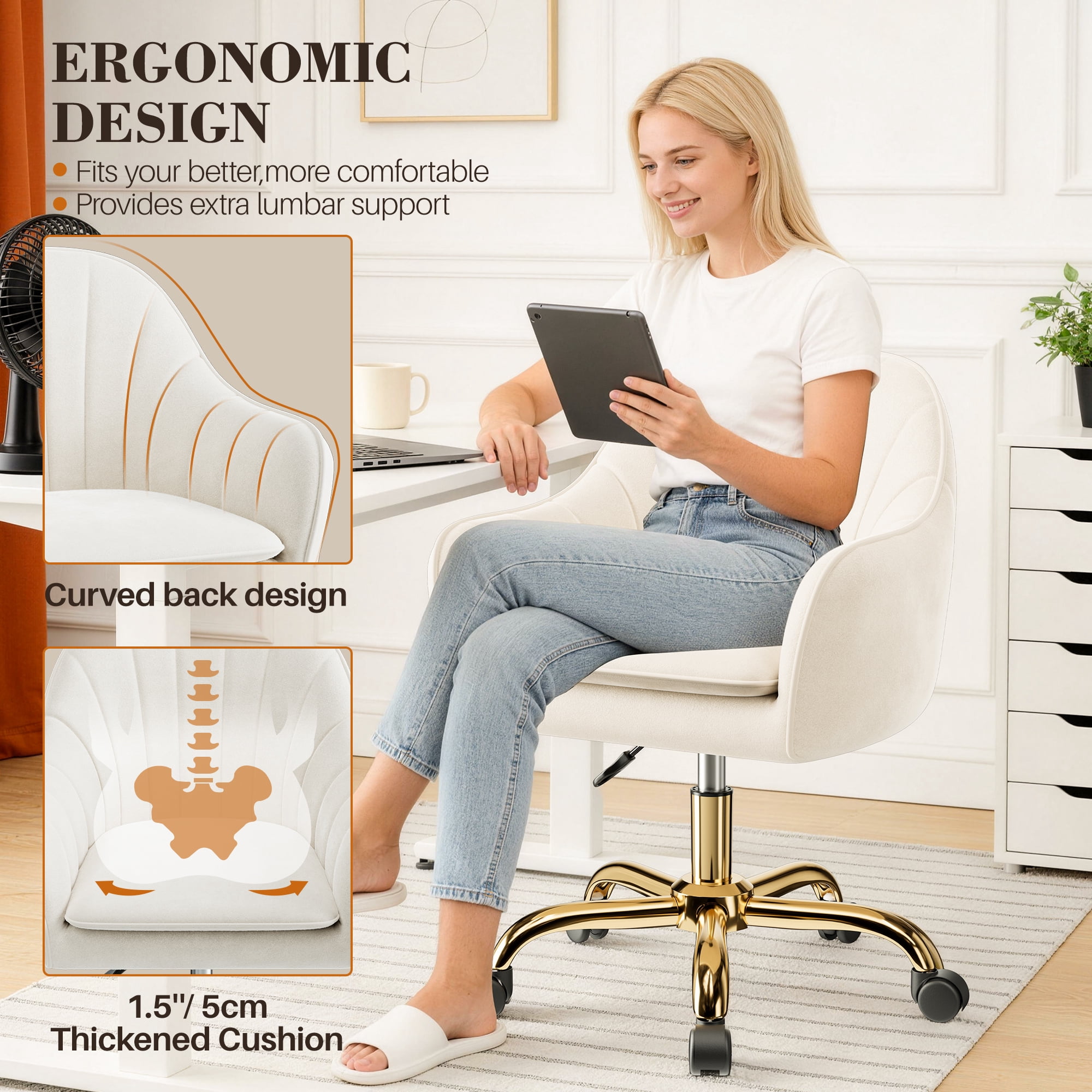 COOLHUT Office Desk Chair with Padded, Velvet Vanity Chair with Back and Wheels, Comfy Home Office Chiar with Gold Legs, Height Adjustable, Rolling Chair for Vanity Room, Makeup Room, Bedroom, Beige