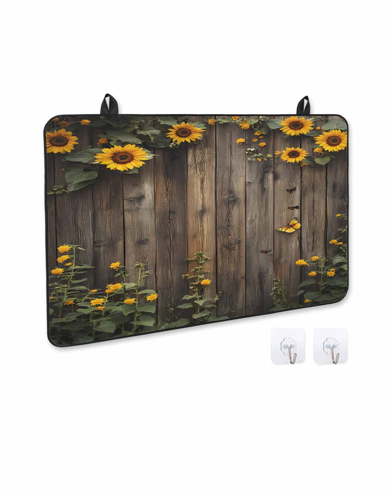 nqOlkjepod Large Induction Cooktop Protector Mat 36"x21", Spring Sunflower Stove Top Covers for Electric Stove, Wildflower Leaves Wood Plank Country Stove Burner Cover Mats, Glass Top Stove Cover