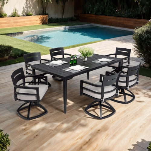 taoruifang 7-Piece Aluminum Dining Set with 6 Swivel Rockers and Rectangle Table with Umbrella Hole , Sunbrella Fabric Cushioned ,Ember Black