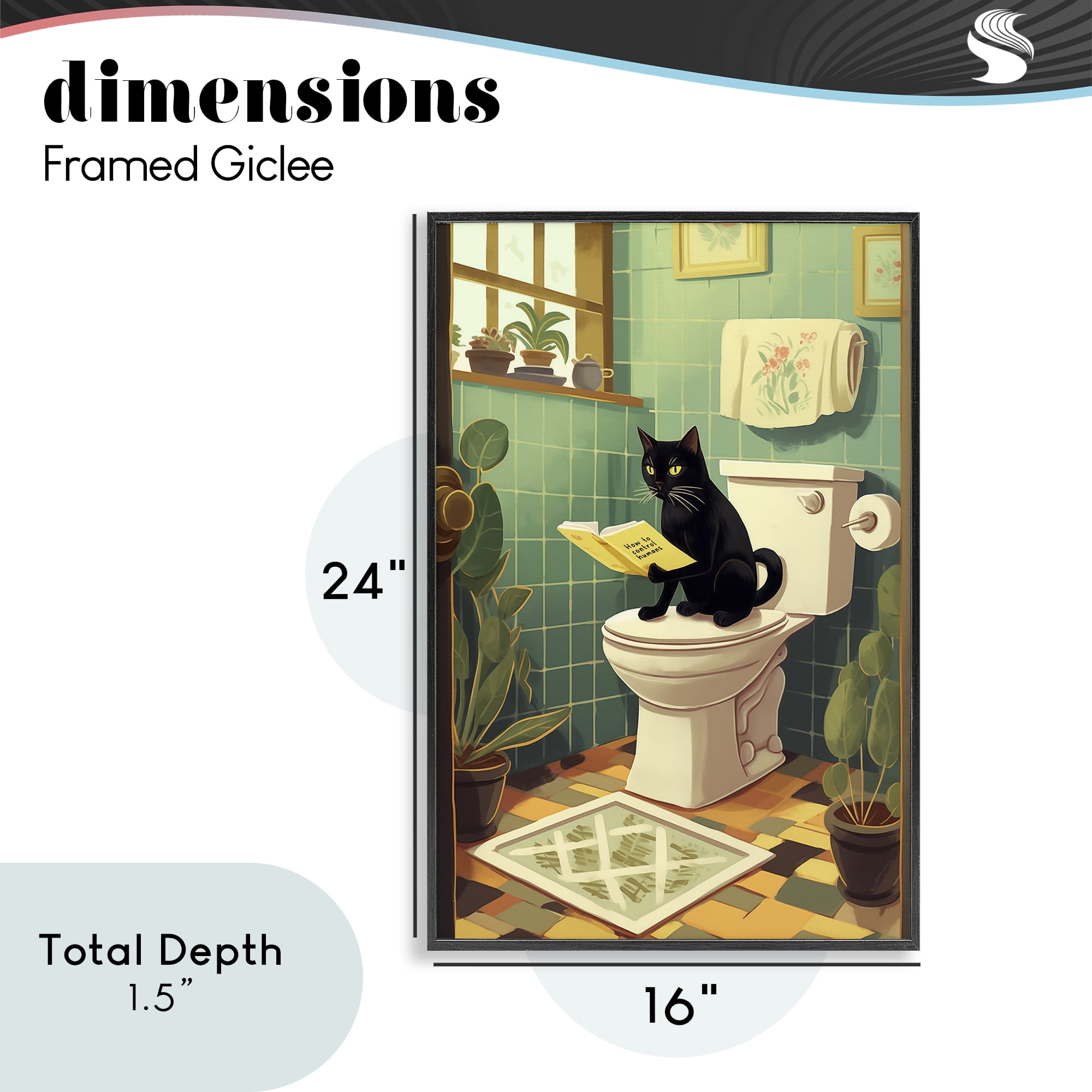 Cat Reading On Toilet Black Framed Giclee Art, design by Andreas Magnusson