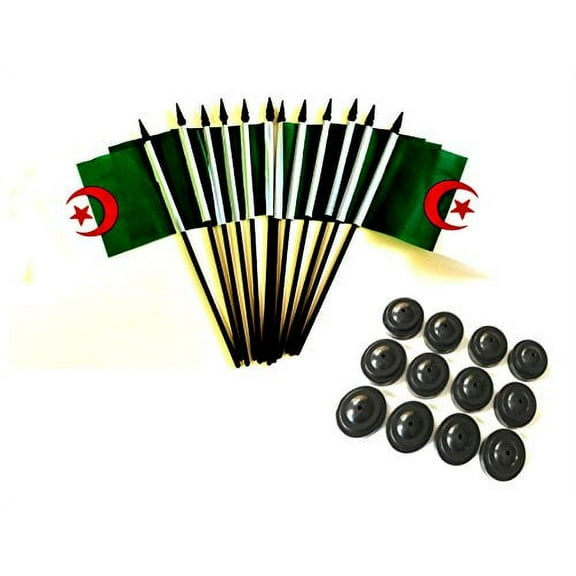 Pack of 12 4"x6" Algeria Polyester Miniature Office Desk & Little Table Flags, 1 Dozen 4"x 6" Algerian Small Mini Handheld Waving Stick Flags with 12 Flag Bases (Flags with Stands)