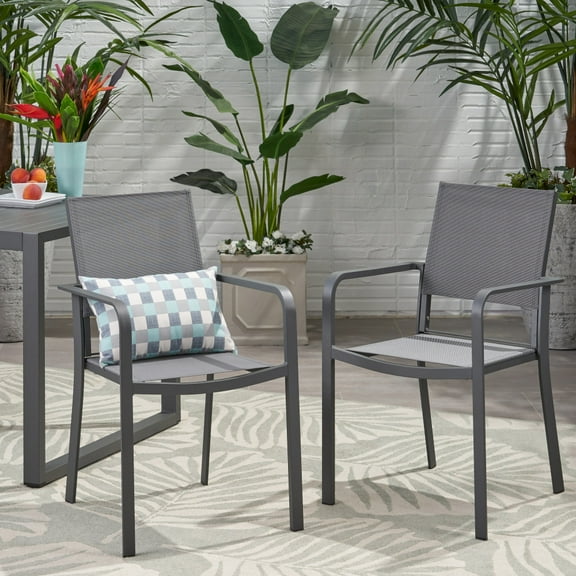 Modern Outdoor Aluminum Dining Chair with Mesh Seat, Set of 2, Gray