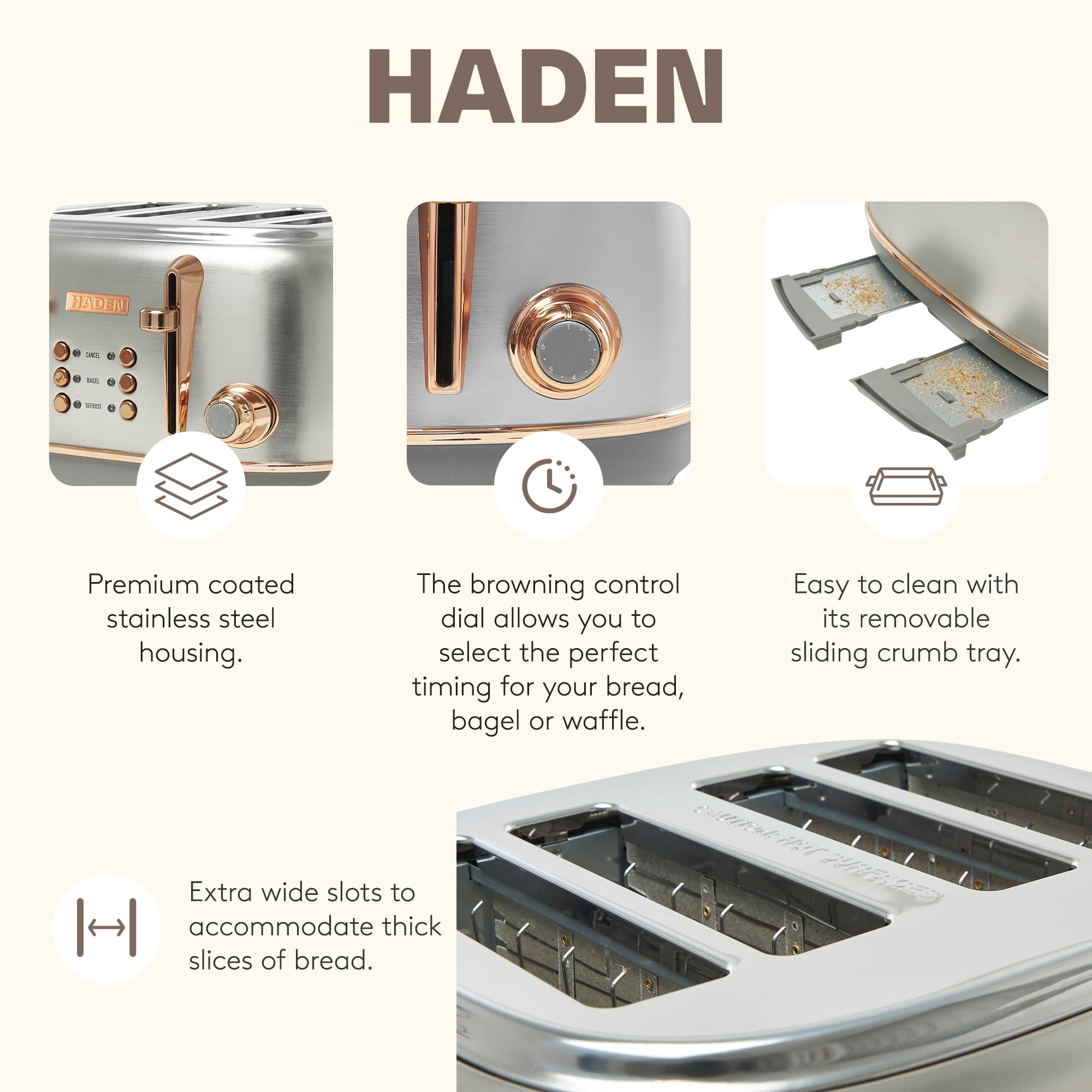 Haden Heritage 4 Slice Wide Toaster & Electric Water Kettle, Ivory & Copper