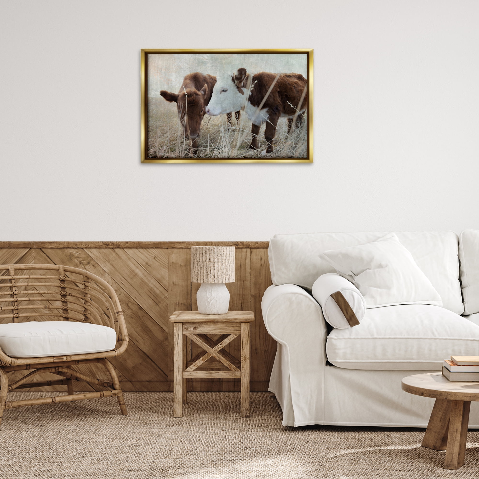 Stupell Industries Baby Calf Pair in Grass Animals & Insects Photography Gold Floater Framed Canvas Art Print Wall Art, 31 x 21