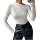 thumbnail image 1 of Camisa básica de manga larga para mujer, camisa con cuello inclinado y hombros plisados para interior y exterior, color blanco S, 1 of 7