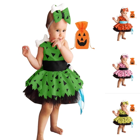 QHFBli Kids Caveman Tutu Dress , Girls Halloween Themed Outfit with Headband and Candy Bag Green 2-3 Years
