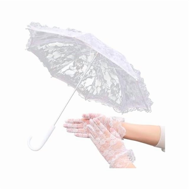 wonima44 Mini White Lace Parasol with Floral Gloves for Girls Ages 5-12 Vintage Wedding Umbrella Set for Flower Girls, Kids Bridal Lace Umbrella for Tea Party & Photo Props