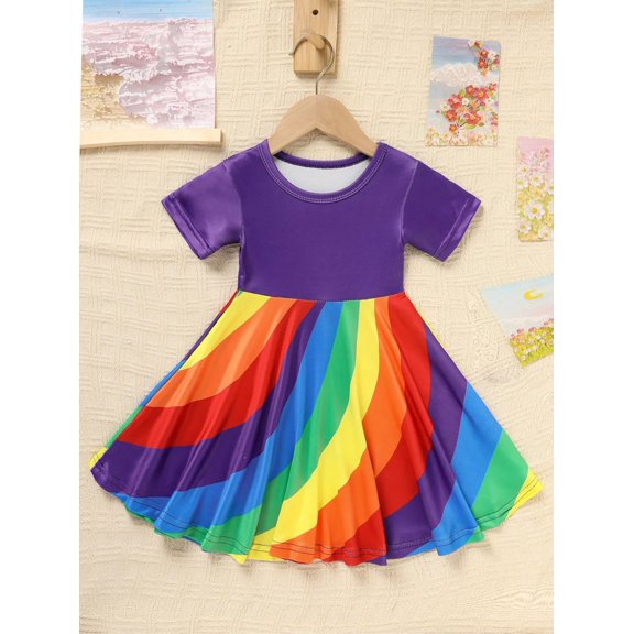 MORTTIC Toddler Girls' Vibrant Rainbow Striped Dress with Flutter Trim Summer Short Sleeve Round Neck Casual Dress Perfect for Parties & Gifts