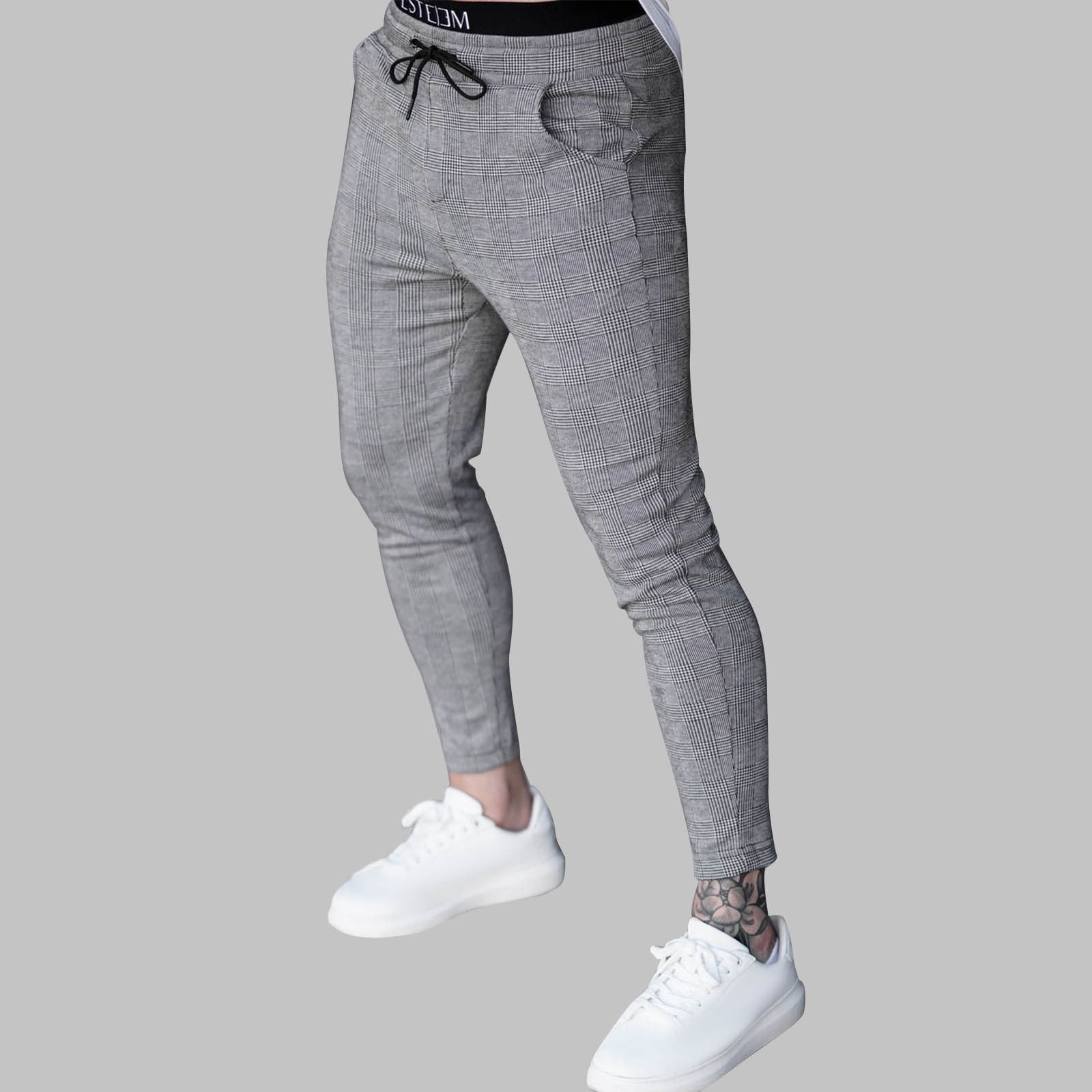 USNSM Men's Plaid Sweatpants Casual Fitness Slim Fit Joggers Drawstring Elastic Waist Straight Leg Pants with Pockets Gray S