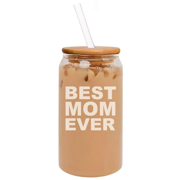 16oz Can Shaped Glass Iced Coffee Cup with Bamboo Lid and Straw Gift BEST MOM EVER
