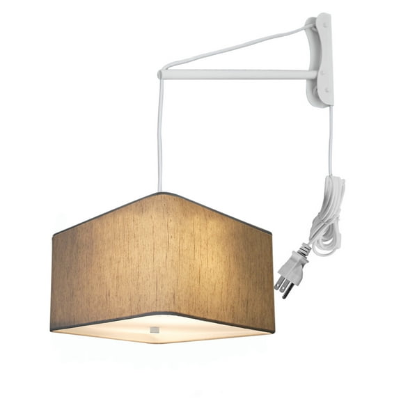 MAST Plug-In Wall Mount Pendant, 2 Light White Cord/Arm with Diffuser, Rounded Corner Square Oatmeal Drum Shade 14"W