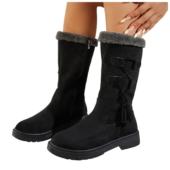 Rokment Womens Mid Calf Winter Snow Boots Fashion Suede Fringe Fleece Lined Warm Fuzzy Wide Calf Tall Dress Boots with Low Heel & Zipper Black Size 6