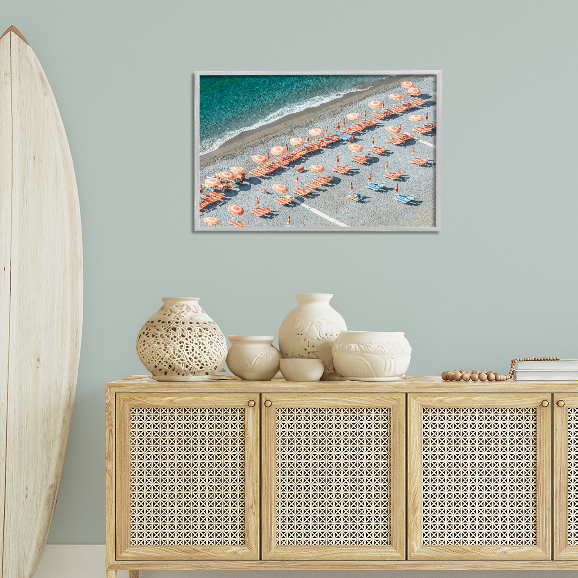 Stupell Industries High Tide Beach Umbrellas Landscape Painting Gray Framed Art Print Wall Art, 30 x 20