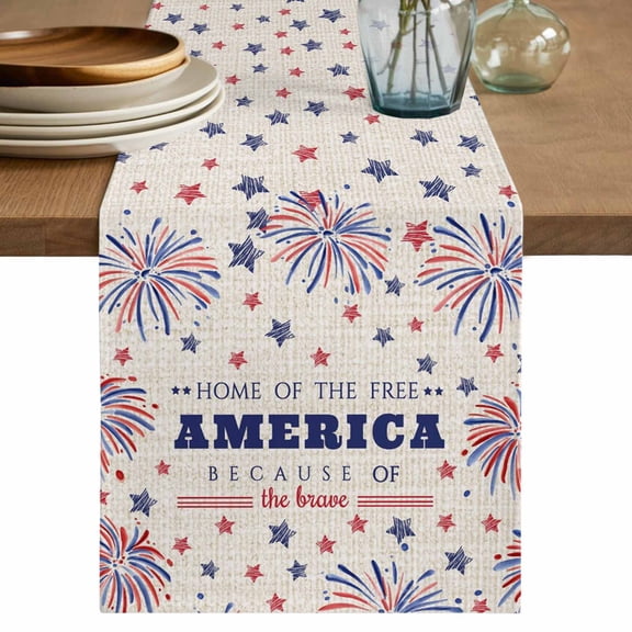 Table Runner 60 Inches Long for Kitchen Dining, Independence Day Dresser Scarf Farmhouse, Dining Table Decorations for Wedding/Parties, Blue Red Star Fireworks American Flag 13 x 60 In