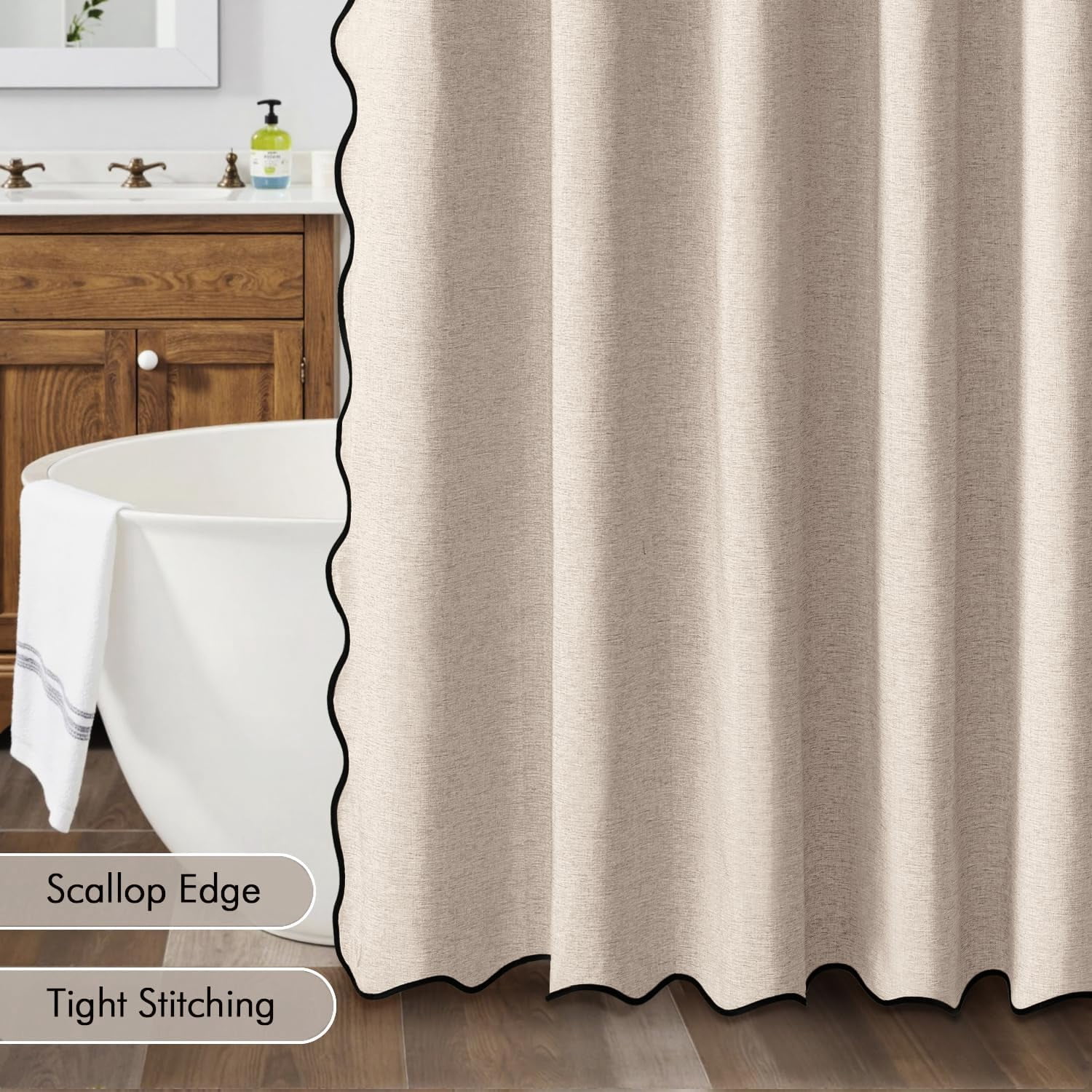 Scalloped Shower Curtain Linen Textured with 12 Metal Hooks Cute Heavy Duty Washable Waterproof Thick Cloth Shower Curtains with Black Border for Bathroom Hotel Bathtub,W72*L72 Beige