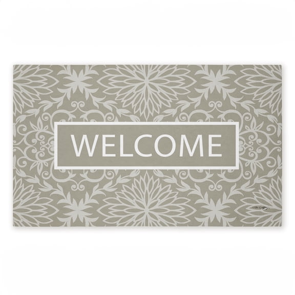 Green Damask Welcome Printed Outdoor Door Mat, design by Tim Coffey, 18"x30"