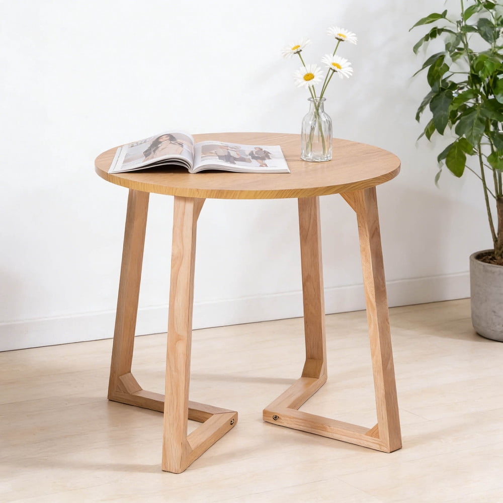 24" Round End Table, Mid Century Modern Solid Wood Sofa Side Table with V-Shaped Legs, Small Coffee Table for Small Space Living Room, Nightstand for Bedroom, Natural