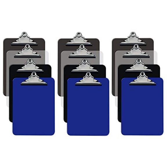 Assorted Colors Plastic Clipboards, 12 Pack, Durable, 12.5 x 9 Inch, Standard Metal Clip, by Better Office Products, (3 Each of Blue, Black, Gray, Clear), Set of 12