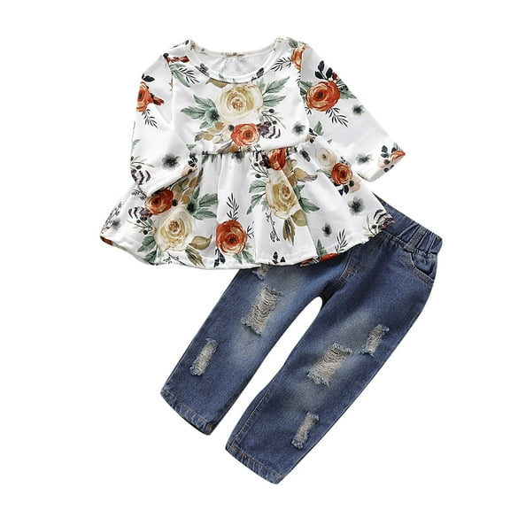 Toddler Baby Girl Clothes Baby Girl Outfits Long Sleeve Round Neckline Floral Top Jeans Pants 2PCS Set 18-24 Months