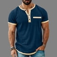 thumbnail image 5 of Hesxuno Mens Linen Henley Shirt Color Contrast Short Sleeve 3 Button Shirts Business Casual Work Tops Lightweight Collarless Golf Shirt with Chest Pocket Navy XXXXL, 5 of 6
