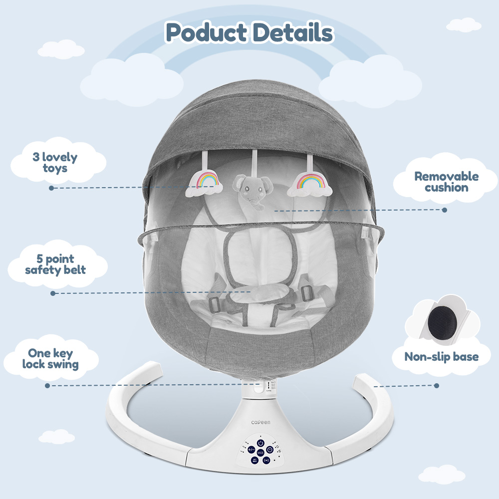 Caveen Electric Baby Swing with Bluetooth, Gray photo 6