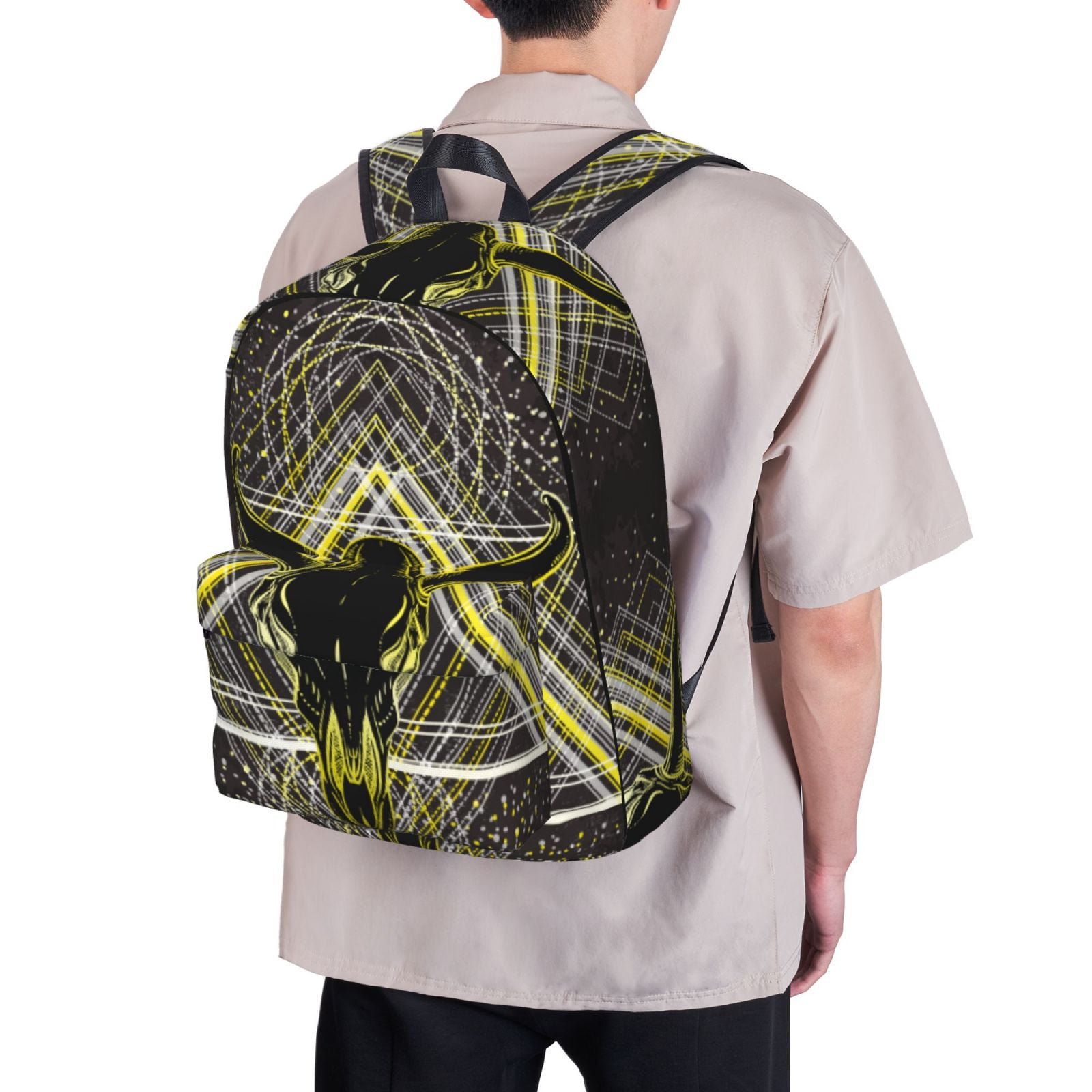 Bull Skull Backpack Purse For Teen Girls Boys,Boho Ethnic Canvas Bookbag Travel Hiking Shoulder Daypack Bags