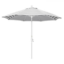 California Umbrella Sun Master Series 9 Ft Octagonal Aluminum Collar Tilt Patio Umbrella W/ Crank Lift & Fiberglass Ribs - Matted White Frame / Olefin Gray White Cabana Stripe Canopy