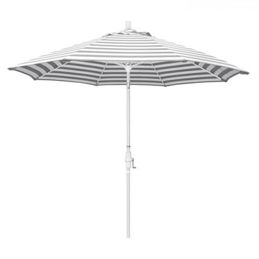 California Umbrella Sun Master Series 9 Ft Octagonal Aluminum Collar Tilt Patio Umbrella W/ Crank Lift & Fiberglass Ribs - Matted White Frame / Olefin Gray White Cabana Stripe Canopy