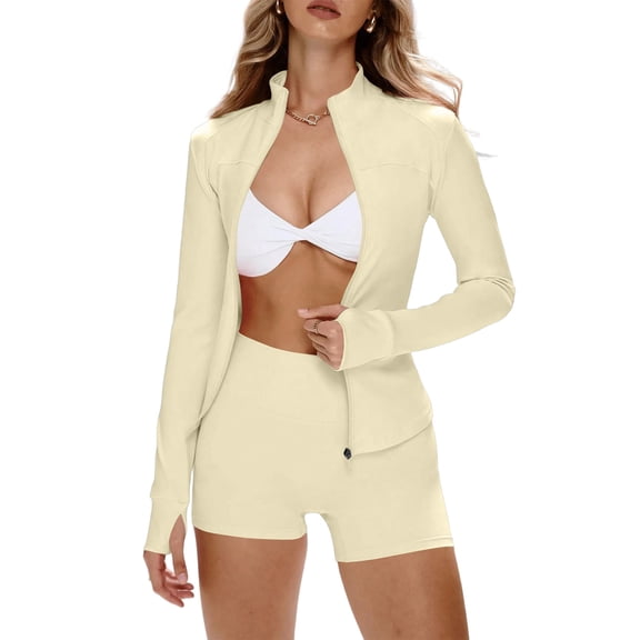 Workout Jackets and Shorts for Woman Lightweight Athletic Full Zip Yoga Gym Slim Outfit Sets Beige XS