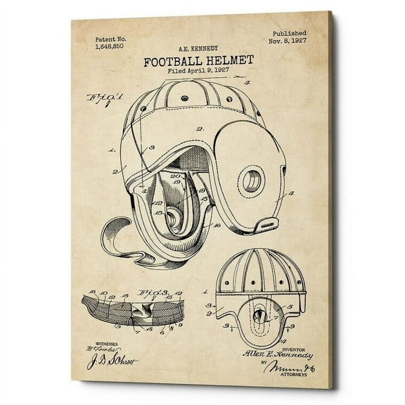Epic Graffiti  "Football Helmet Blueprint Patent Parchment" Giclee Canvas Wall Art, 12" x 18" 26" x 40"