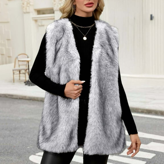 Ailaofu Womens Oversized Faux Fur Vests Sleeveless Open Front Cardigan Fuzzy Jacket Coat Outerwear 2025 Fall Winter