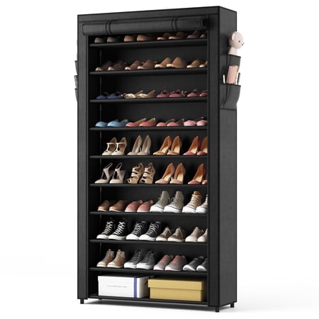 ROJASOP 10 Tier Shoe Rack with Covers,Large Capacity Stackable Tall Shoe Shelf Storage to 50-55 Pairs Shoes and Boots Sturdy Metal Free Standing Shoe Rack Organizer for Closet Entryway Garage C33