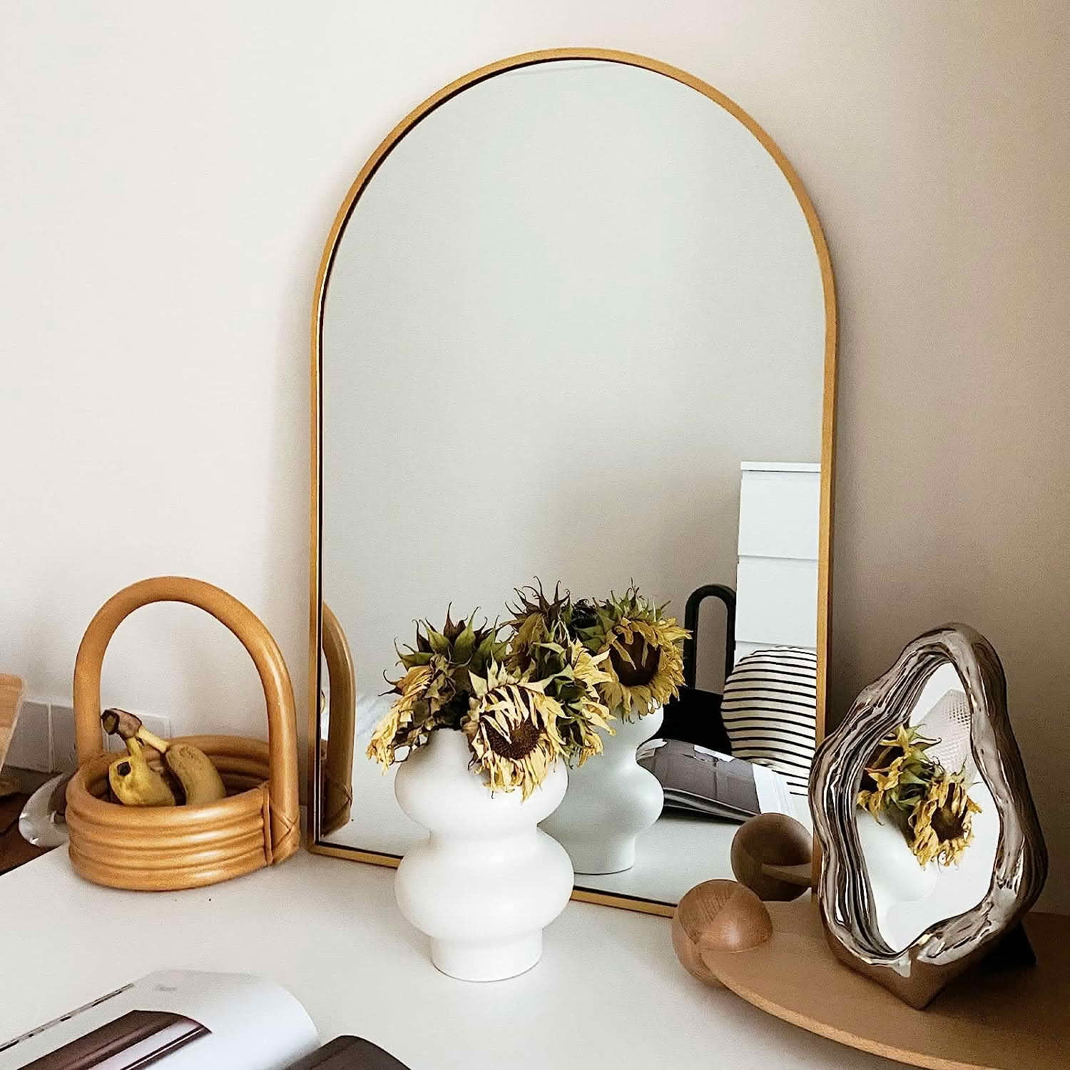 MAYEERTY 24x36 Inch Gold Metal Framed Arched Bathroom Wall Mirror, for Bathroom Vanity Area