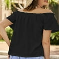 thumbnail image 6 of Women Short Sleeve Top Ruffle Hem Frill Trim Blouse Summer Pure Color Off Shoulder Shirt Black XXL, 6 of 8