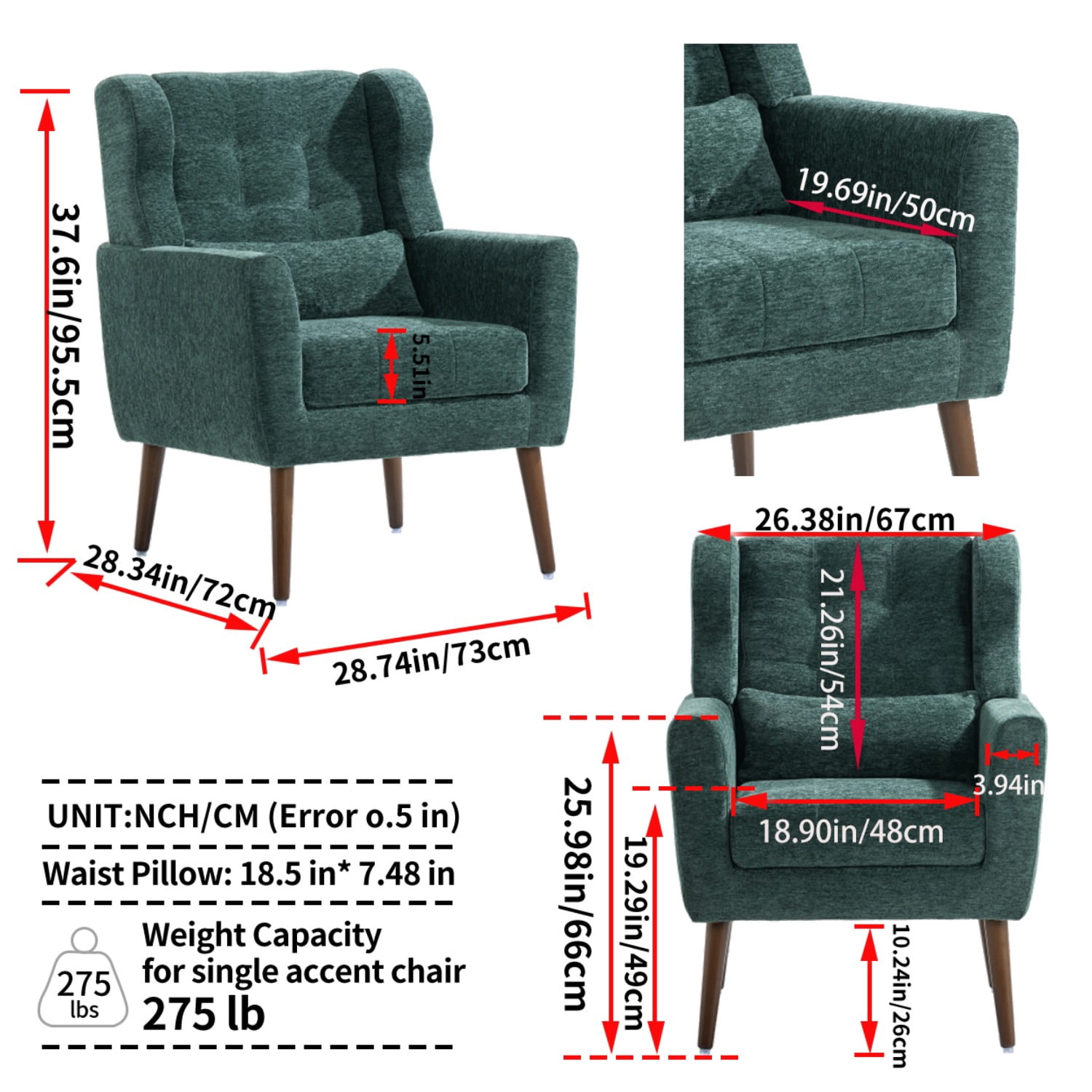 Modern Chenille Accent Chair with Pillow, Upholstered Armchair with Solid Wood Legs, Ergonomic Lounge Chair for Living Room, Bedroom, Reading Room, Small Space, Blackish Green