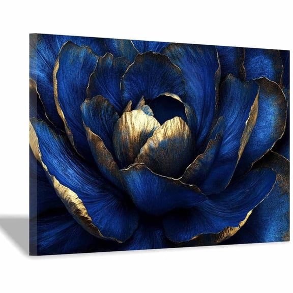 Mudket Canvas Print Framed Ready to Hang, Royal Blue Peony Gold Trim Canvas Wall Art, Vintage Floral Wall Decor Artwork for Living Room Entryway Bedroom Office, Dark Bloom Prints - 12"L x 8"W