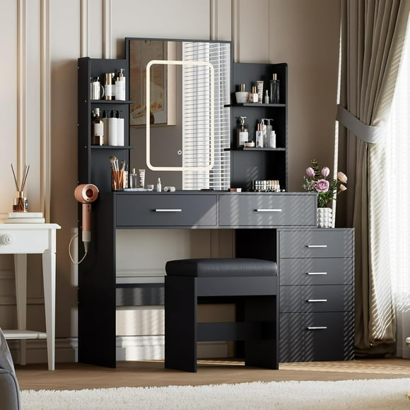 CazToi Vanity Desk with 3-Color Adjustable LED Mirror Black Makeup Vanity with 6 Drawers & Shelves Charging Station Stool