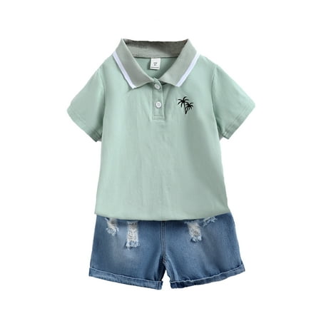 

Kucnuzki 4T Toddler Boy Summer Outfits Shorts Sets 5T Short Sleeve Solid Color Coconut Tree Embroidery Polo Tops Elastic Denim Shorts 2PCS Set Light Green