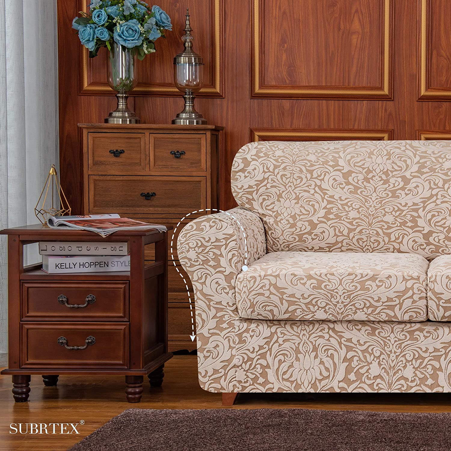 Subrtex Stretch 4-piece Jacquard Damask Sofa Slipcover, Separate Cushion Cover(Sofa, Oatmeal)