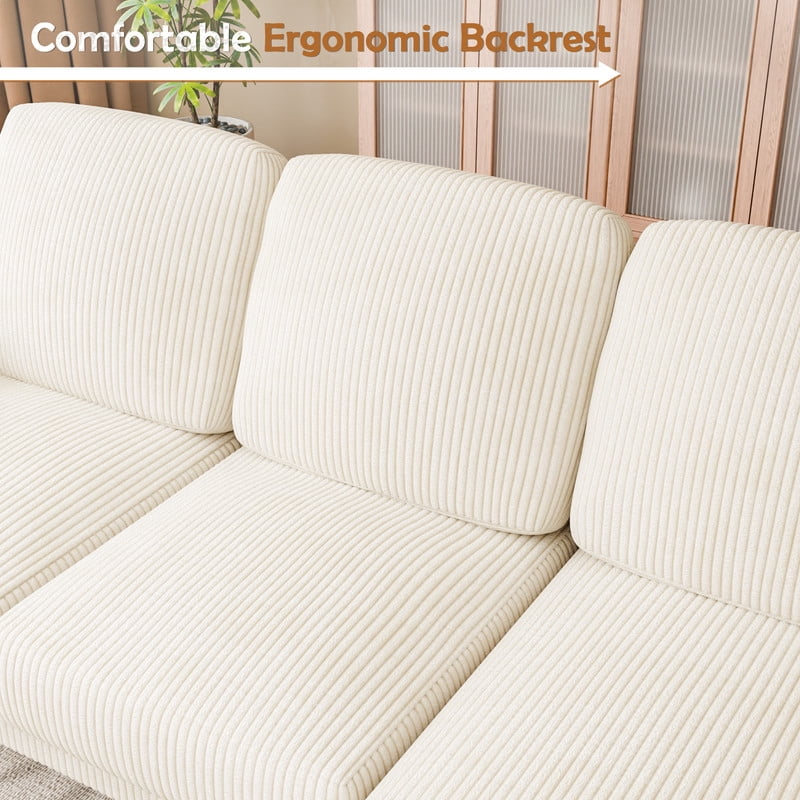 Lacoo 3 Seat Sectional Sofa L-Shaped Couch with Reversible Ottoman Convertible Cloud Couch for Living Room,Corduroy Beige