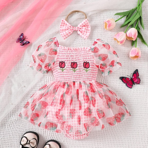 Baby Boy Onesies Infant Girls Short Sleeve Strawberry Plaid Bubble Romper with Headband Girls Romper Red 6-12 Months