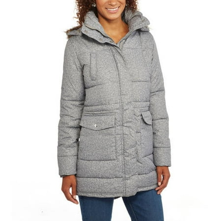 Women's Long Tweed Puffer Coat With Fur-Trimmed Hood