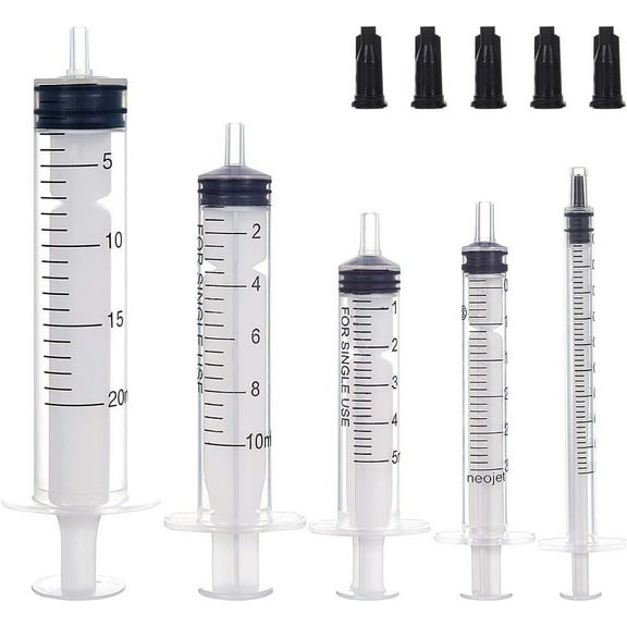 38Pcs Plastic Luer Lock Syringe without Needle and 40Pcs Caps Syringes Including 5 Mixed Size(1ml 3ml 5ml 10ml 20m) Suitable for Glue Dispensing Pet Feeding Watering Refilling